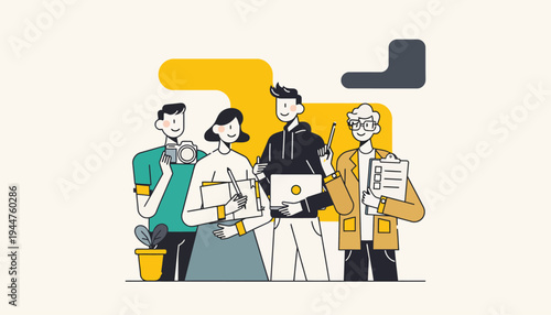 Diverse group of professionals collaborating on a project with digital tools and creative flair, showcasing teamwork and innovation in a modern office setting