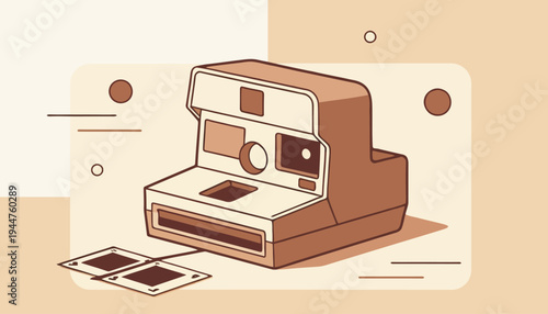 Vintage instant camera with photo slides, retro photography equipment illustration
