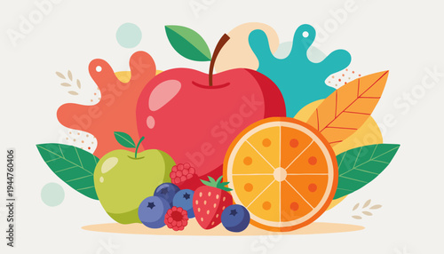 Vibrant Fruit Medley Concept Illustration A Colorful Arrangement of Fresh Apples, Berries, and Citrus Symbolizing Healthy Eating and Natural Goodness