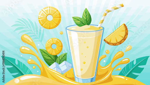 Refreshing Pineapple Smoothie Illustration with Tropical Leaves, Ice, and Dynamic Splashes
