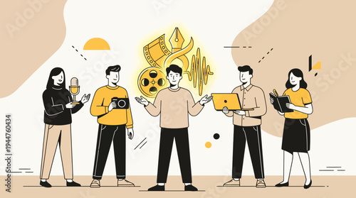 Collaborative Team of Multimedia Professionals Crafting Digital Content and Creative Projects, Featuring Diverse Skills in Media Production and Innovation