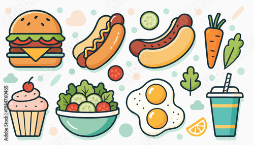 A delightful assortment of fast food and snacks, featuring a juicy burger, hot dogs, a fresh salad, a sweet cupcake, and a refreshing drink