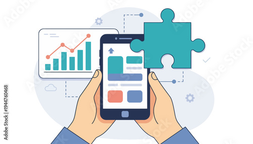 Mobile application development and analytics, illustrating the process of building a functional app with user data analysis and strategic planning