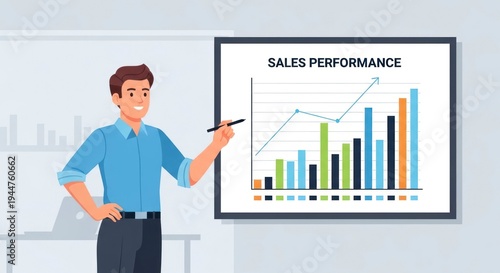 Businessman presenting sales performance chart at a meeting illustration