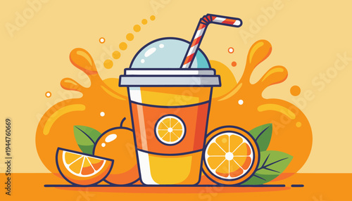 Orange juice in a vibrant takeaway cup illustration with fresh citrus slices, straw, and dynamic splashes. Ideal for summer drinks, healthy promotions, and fruity designs