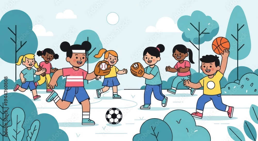 Fototapeta premium Children playing various sports in a park with ball games and healthy activity