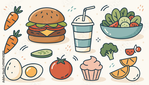 A vibrant collection of hand-drawn food doodles, blending healthy fruits, vegetables, and eggs with popular snacks like a burger, soda, and cupcake