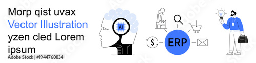 Business operations, artificial intelligence, workflow automation, ERP systems, financial tools, and team collaboration. Brain with AI concept, ERP icon and various workflow symbols. Business