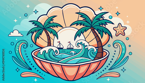 Vibrant Tropical Island Scene with Palm Trees, Ocean Waves, and Sailboats Encased within a Decorative Seashell, Evoking Summer Vacation Serenity