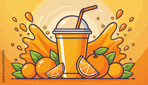 Vibrant orange juice illustration featuring a refreshing drink cup surrounded by fresh citrus fruits and a dynamic splash, perfect for healthy beverage concepts
