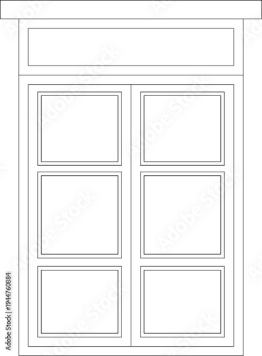 Technical architectural elevation drawing showing traditional six-panel door design with transom header panel and double-column panel configuration.
