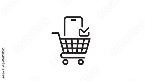 Ecommerce Shopping Cart Mobile Phone Checkmark Icon for Online Checkout, Mobile Payment and Digital Purchase