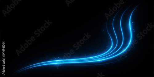 A futuristic digital illustration featuring a flowing blue wave pattern with glowing fractal lines and light rays against a dark black textured space backdrop