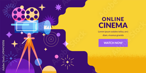Cinema banner, poster, flyer template. Camera projector and light beam. Vector geometric design for night film festival
