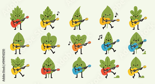 Collection of cute potted plants with smiling faces, a charming botanical illustration.