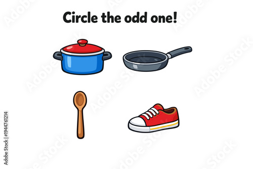 Cooking utensils and shoe with text prompt for identifying differences  