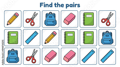 Educational memory game with school supplies on blue background  