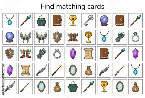 Decorative game cards with various mythical items on grid layout  