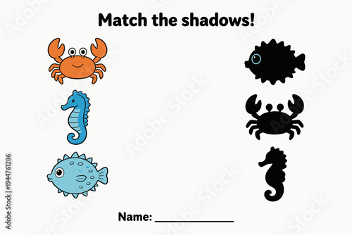 Cartoon sea creatures matching game for children with shadows  