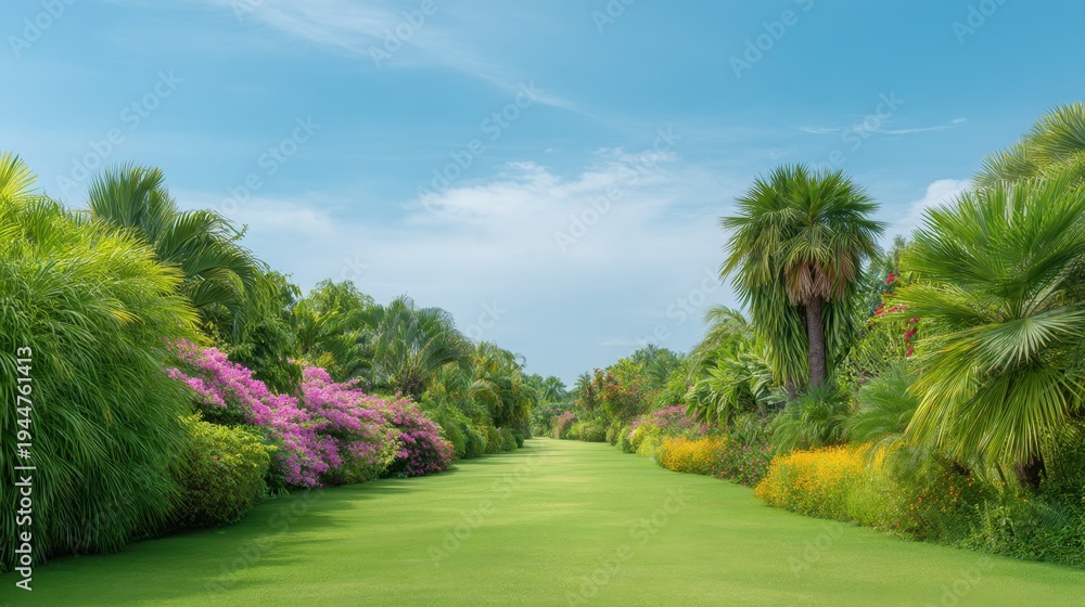Obraz premium Lush Green Landscape with Colorful Flowers and Clear Blue Sky in a Tropical Garden Setting