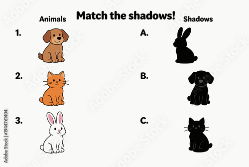 Cartoon animals with shadows for educational matching activity  