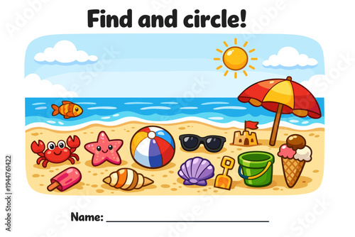 Colorful beach scene with summer items for kids find and circle game  