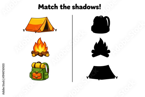 Camping activity matching shadows of tent, fire, and backpack  
