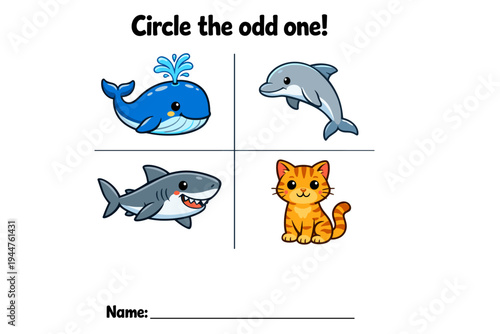 Funny illustration of sea animals and cat with activity prompt