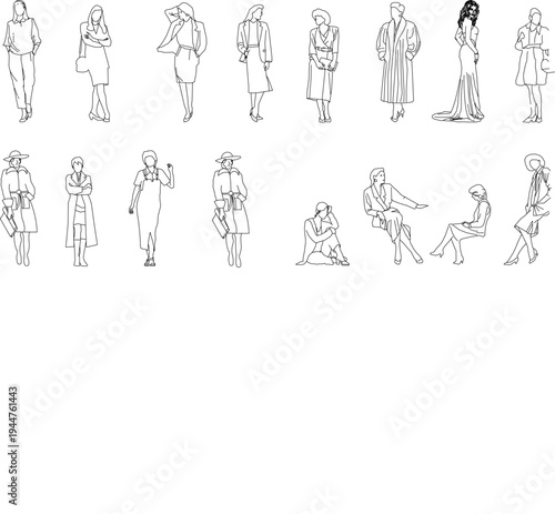 Technical illustration showing various human figure silhouettes in different poses and fashion styles including standing, walking, sitting with coats, dresses and bags.
