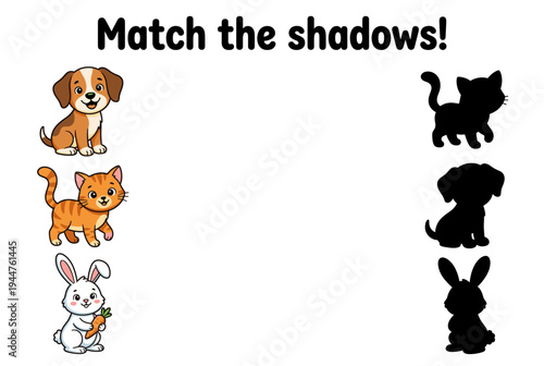 Cartoon animals for matching game with shadows on white background  