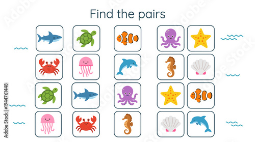 Colorful underwater memory card game showcasing various sea animals  