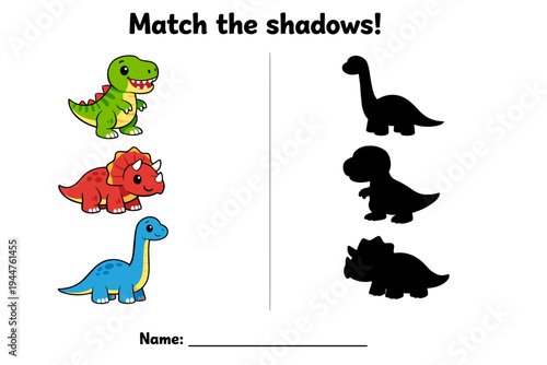 Colorful dinosaur characters with shadows for matching activity