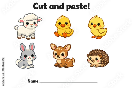 Cute animals for cut and paste activity sheet for children  