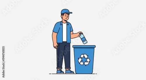 Man recycling plastic bottle into blue bin for environment protection