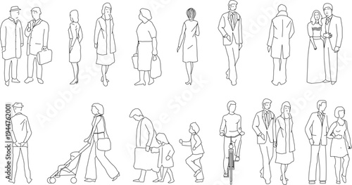 Technical illustration showing various human figure silhouettes in different activities including walking, standing, families, couples, with stroller and bicycle in line art.