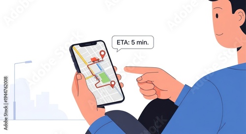 Man using smartphone with map navigation for transportation eta information