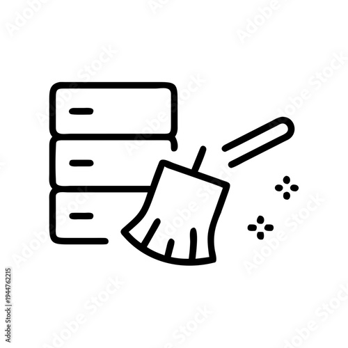Data cleaning icon with broom against background of data stacks