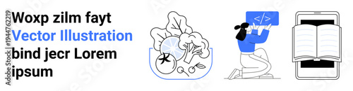 Education, technology, healthy living, online learning, coding education, digital resources. A bowl of vegetables, a person coding and a smartphone with an e-book. Education and technology are key