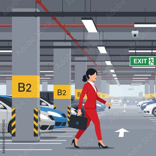Businesswoman walking in modern parking garage exit vector illustration flat design