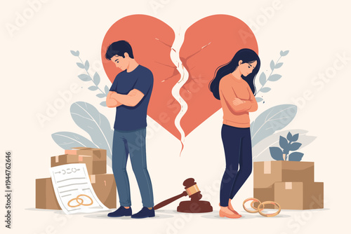 Divorce and Relationship Crisis Concept Illustration with Sad Couple Standing Back to Back, Broken Heart, Moving Boxes, Judge Gavel, Legal Documents, and Wedding Rings on Light Background.