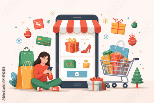 Holiday shopping online via modern mobile phone app with a woman sitting and using a smartphone, surrounded by gift boxes, shopping bags, a full cart, and Christmas decorations. Flat vector art.