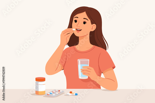Simple flat vector illustration of a young woman taking her daily medication or vitamins with a glass of water, featuring a pill bottle and blister pack on a table, representing healthcare and