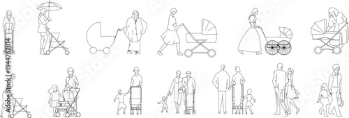 Technical illustration showing various human figures with baby strollers and prams in different styles including vintage and modern designs, families with children