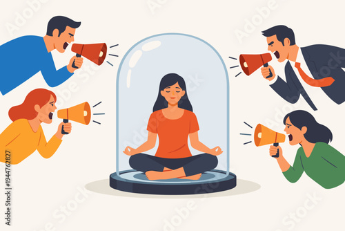 Vector illustration of a woman meditating peacefully inside a protective glass dome while people outside shout through megaphones, representing mental health, stress relief, and inner peace.