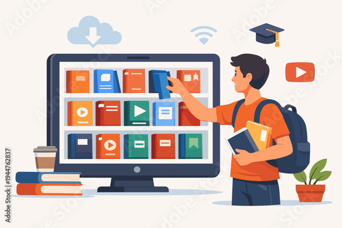 Vector illustration of a student picking a book from an online digital library on a computer screen. Modern e-learning concept featuring virtual bookshelves, educational icons, and study tools.