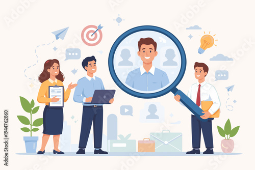 HR team searching for new employees with a large magnifying glass. Human resources recruitment concept, talent acquisition, job interview, and career hiring process flat vector illustration.