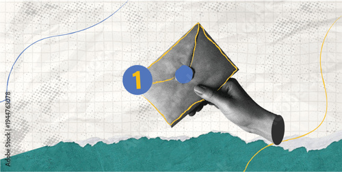 Collage Hand holding  msg box with Trendy Halftone  one notification. Online communication. Social media marketing. New message or letter in email.  Contemporary illustration 