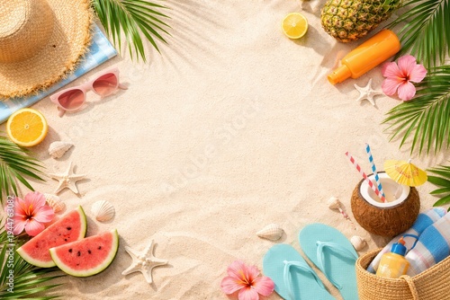 Composizione estiva di accessori da spiaggia e frutta tropicale sulla sabbia bianca. Generative AI 