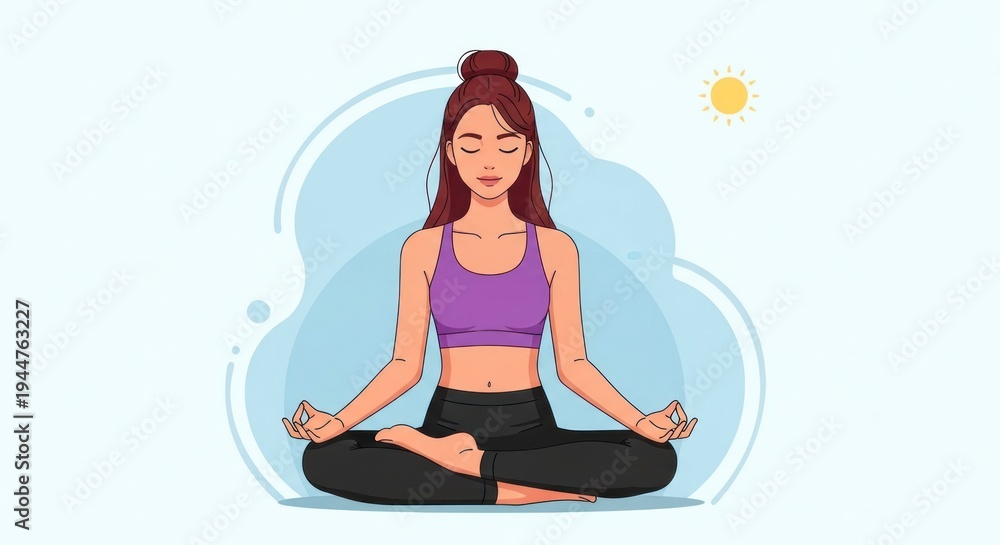 Obraz premium Woman meditating in lotus position with sun vector illustration