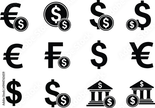 Currency symbols and bank building silhouettes in black on white background silhouette
